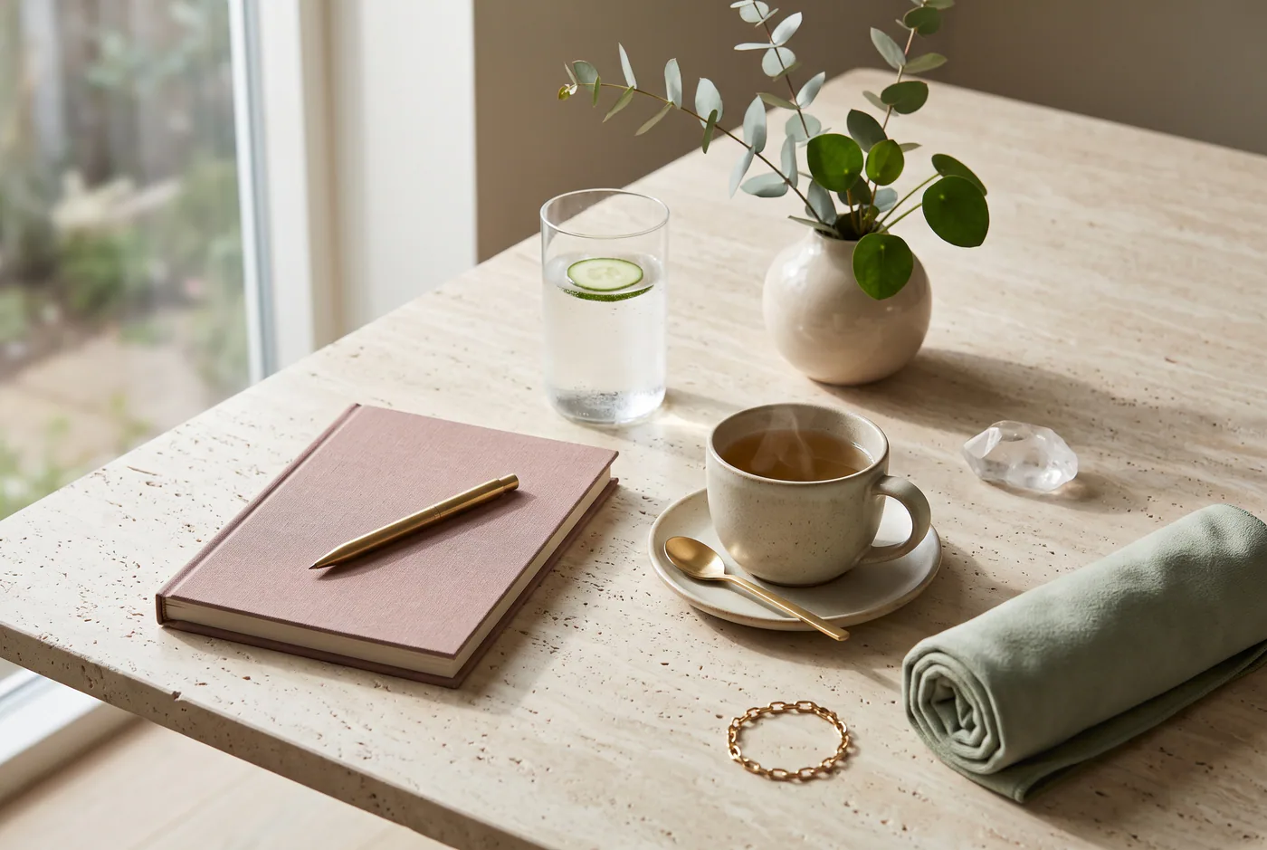 Journal, tea and yoga mat arranged for a quiet wellness routine