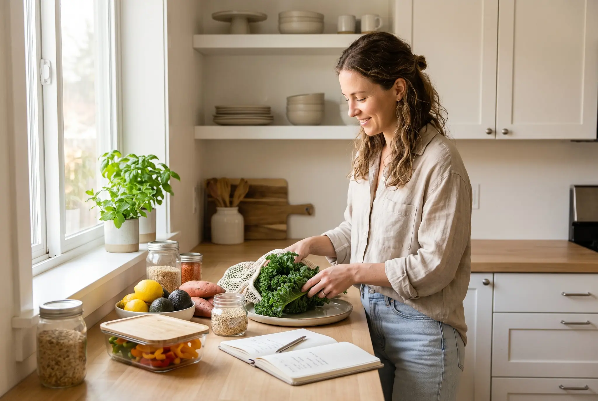 Woman organizing healthy groceries and simple meal planning items in a bright kitchen