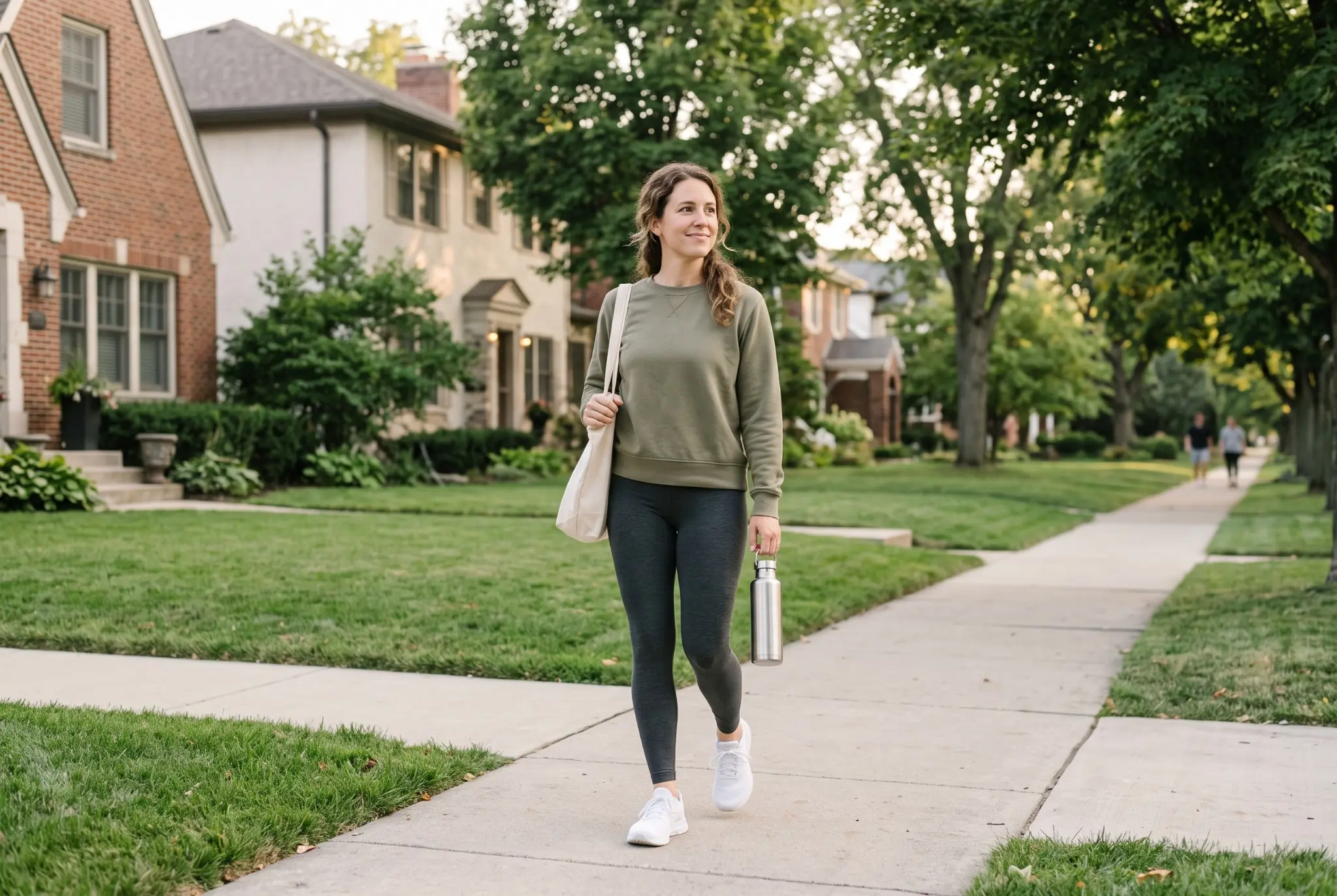 Woman taking a casual outdoor walk with a water bottle as part of a realistic healthy routine