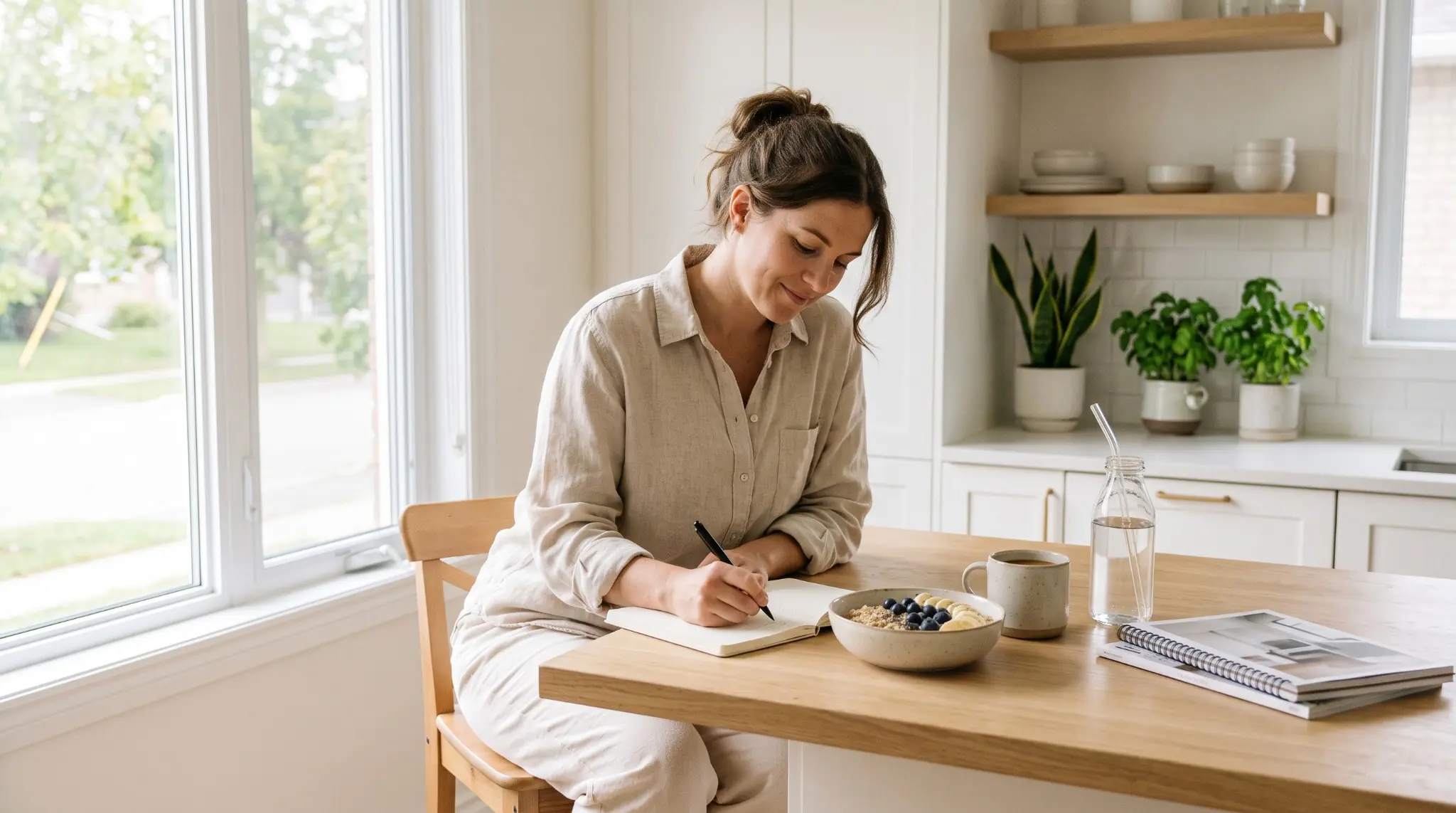 Woman building a healthy daily routine at home with breakfast, water, and a notebook in soft natural light