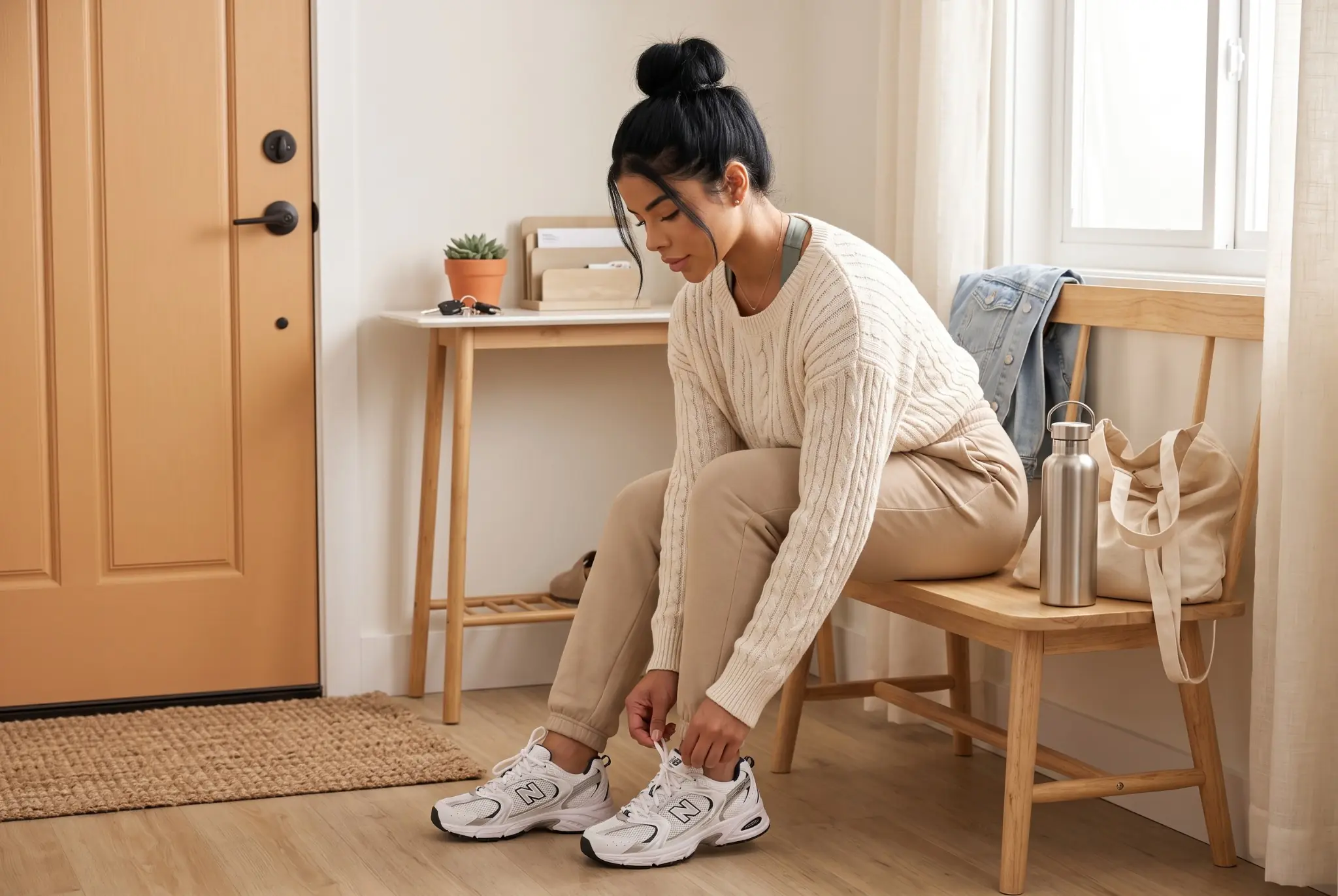 Woman tying her sneakers near the door with a water bottle ready for a walk