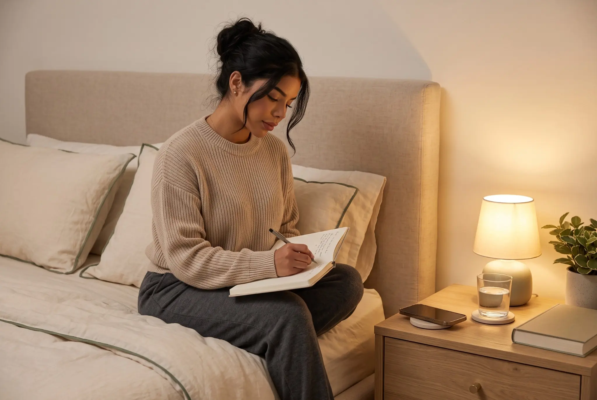 Woman doing a simple evening reflection with her phone set aside before bed