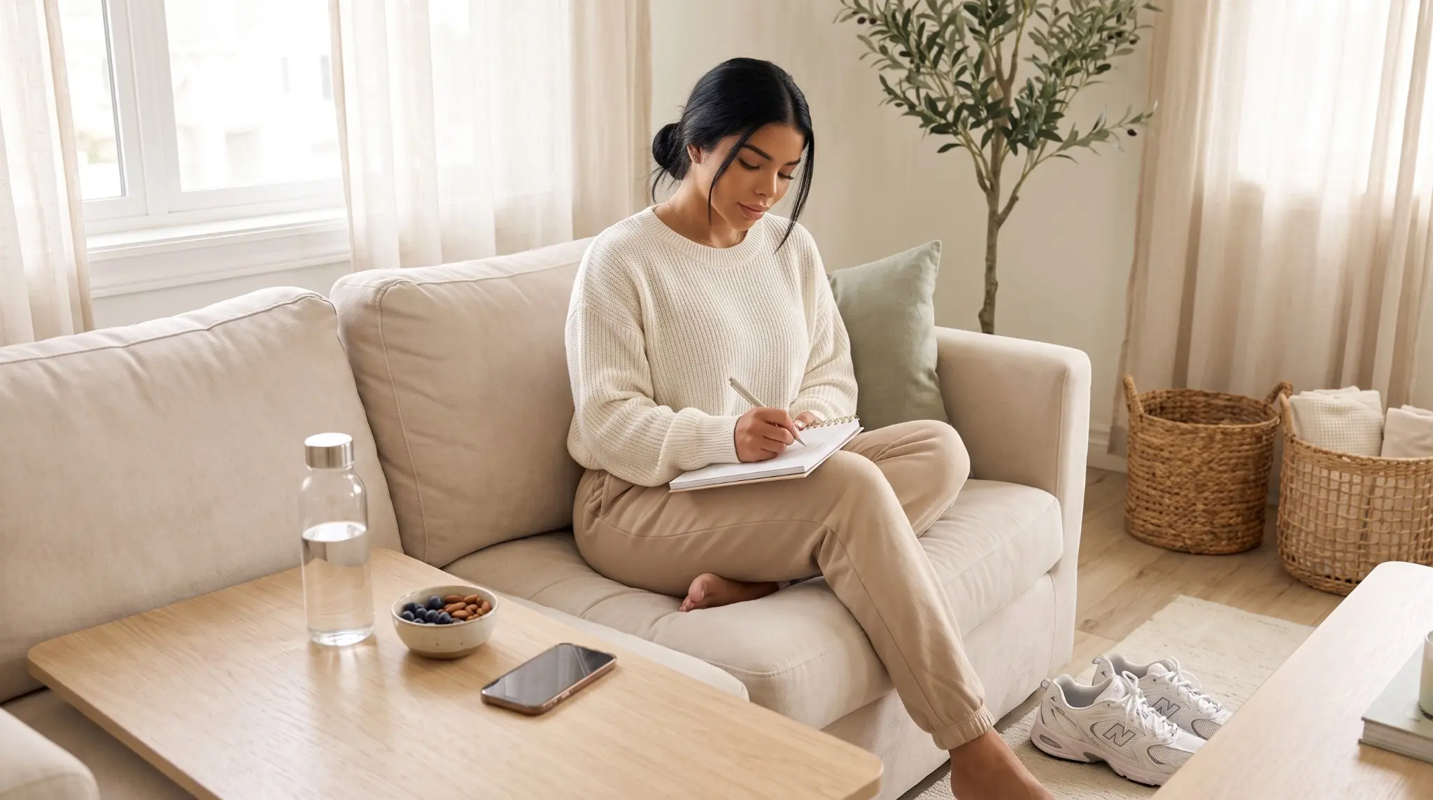Woman reviewing healthy habits and priorities at home with a planner, water bottle, and workout shoes