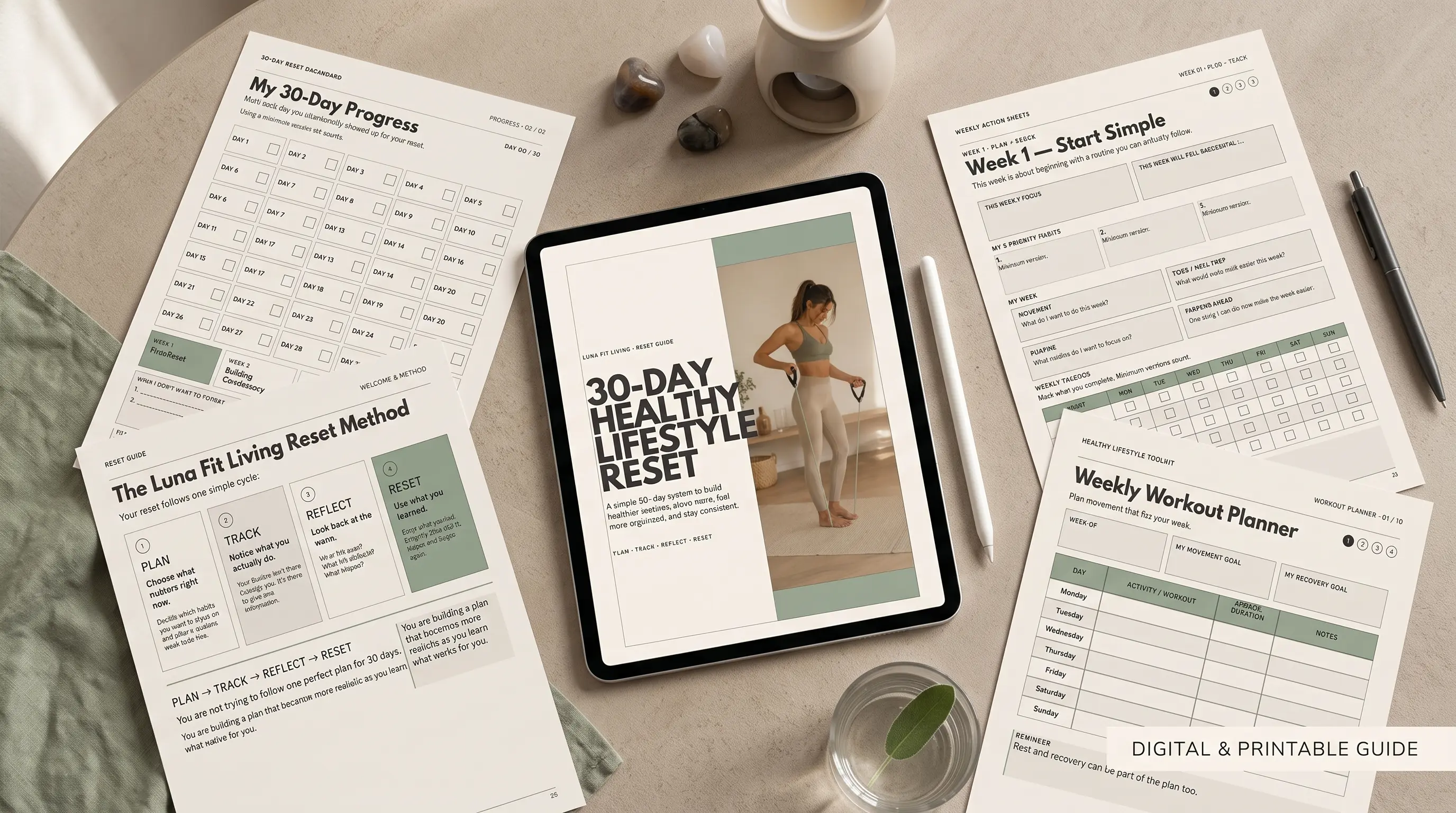 Complete 30-Day Healthy Lifestyle Reset bundle shown on a tablet with printed guide, dashboard and planner pages