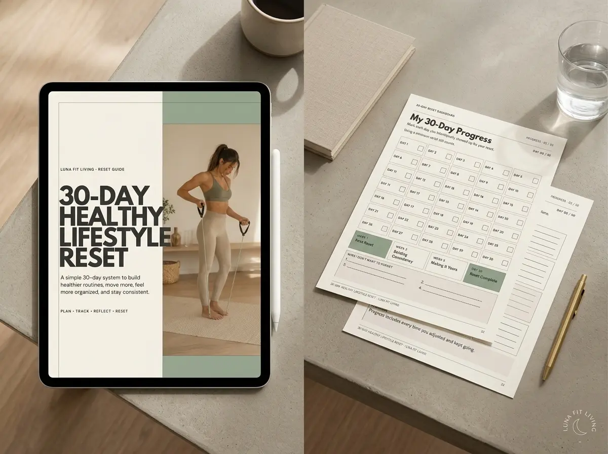 Reset planner displayed on a tablet beside printable dashboard and worksheet pages