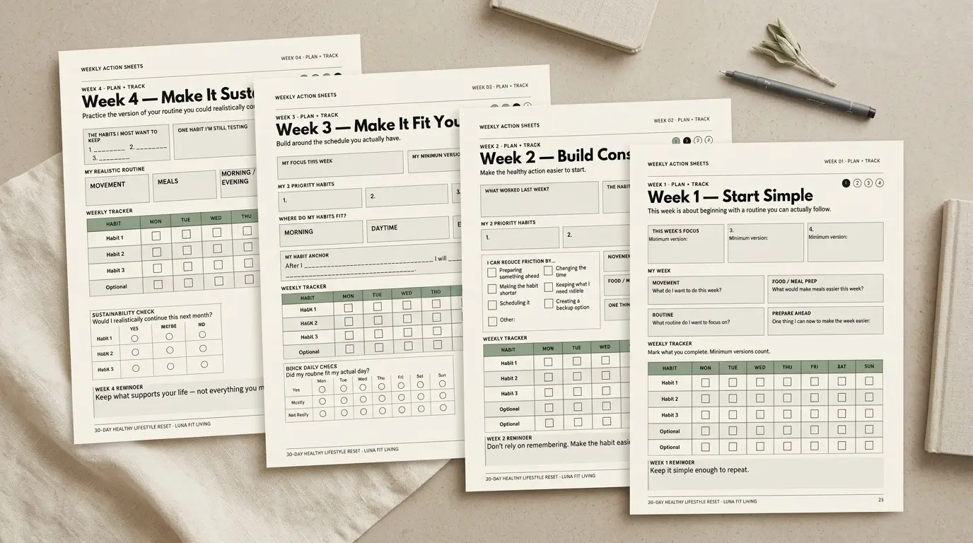 Four weekly action sheets arranged to show the progression from starting simple to making habits sustainable