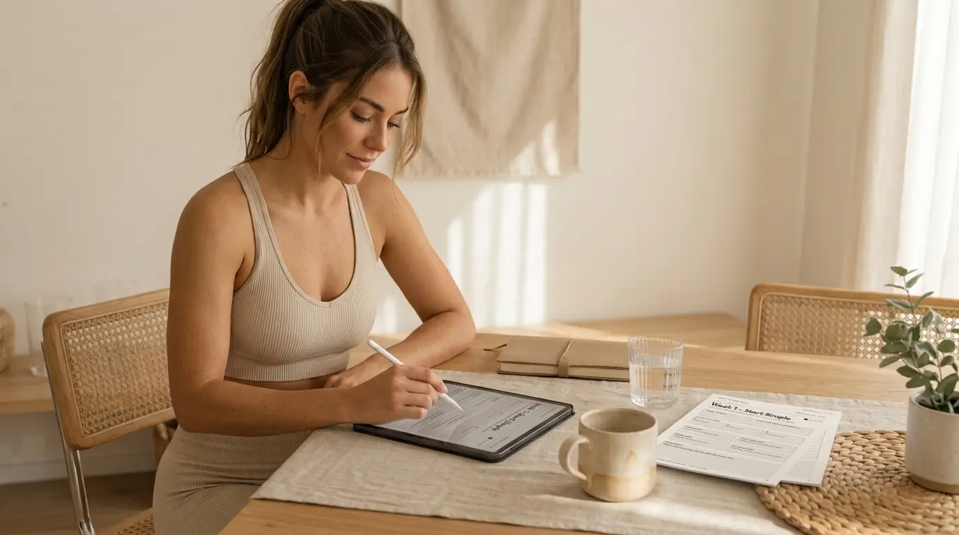 Woman calmly using the Reset planner on a tablet at a bright dining table