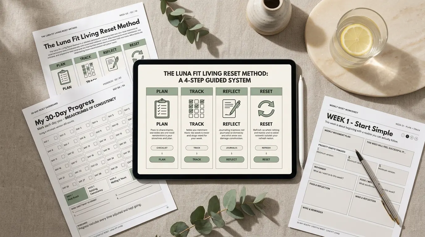 Reset Method pages shown with a tablet, progress dashboard and weekly action sheet