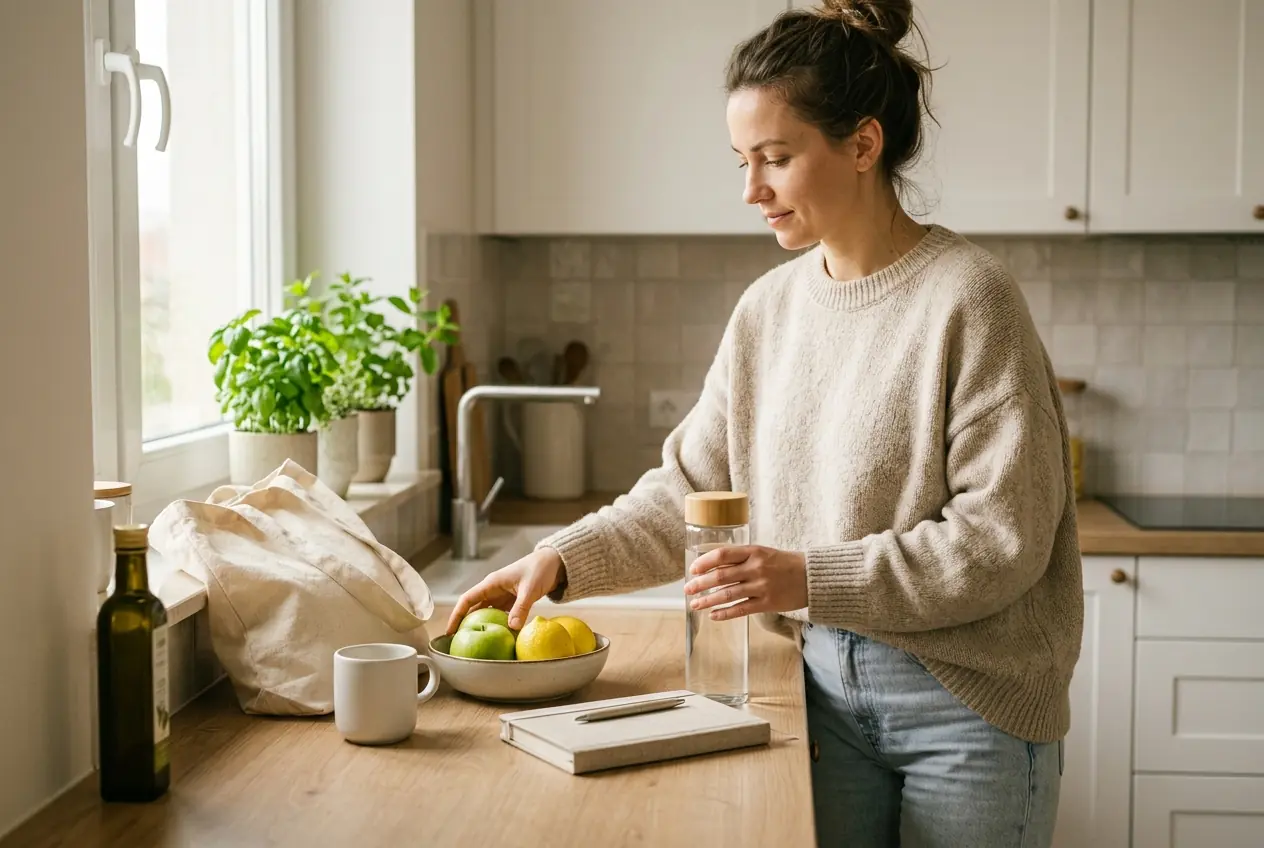 Woman organizing simple healthy routine essentials at home in a calm morning setting