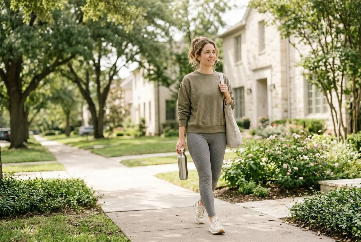 Woman taking a light walk outdoors as part of a simple healthy routine