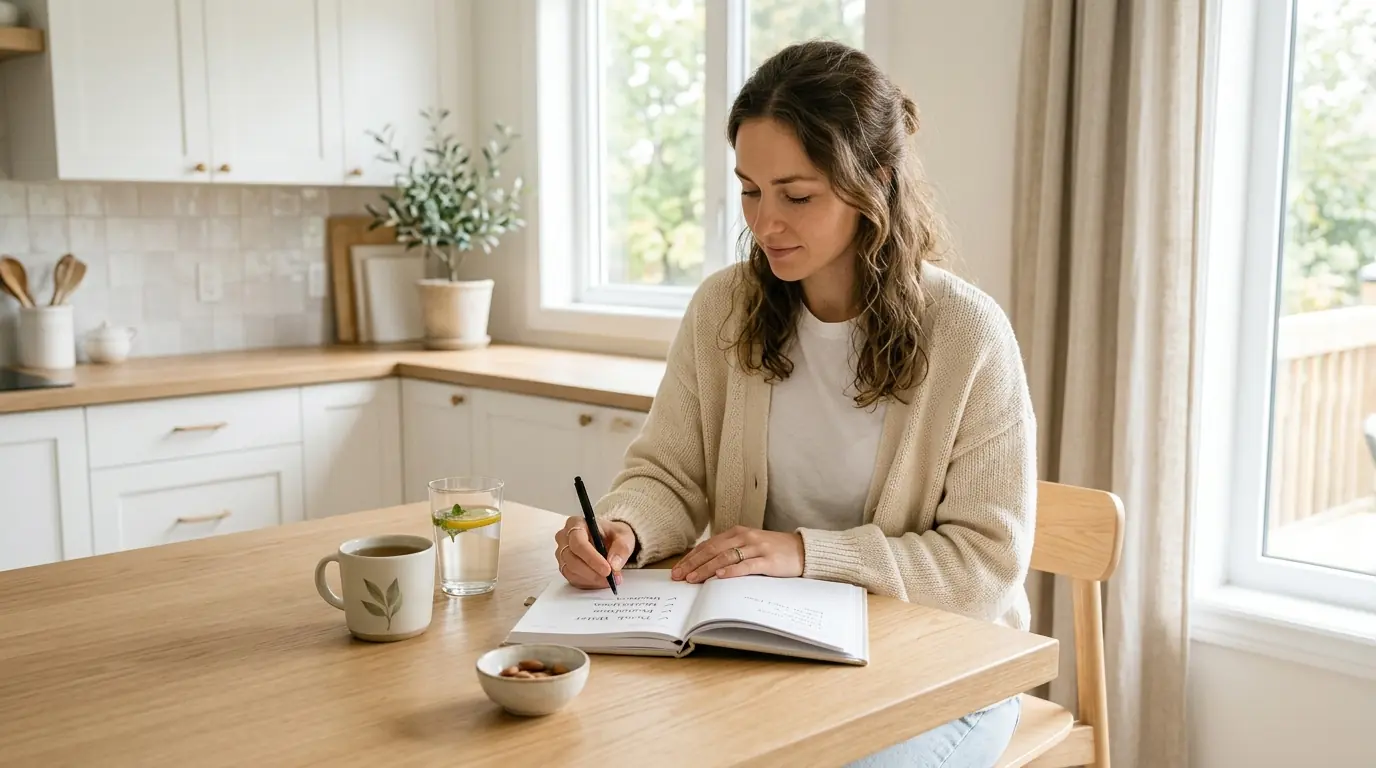 Woman planning a healthy routine at home with a notebook and water in soft morning light