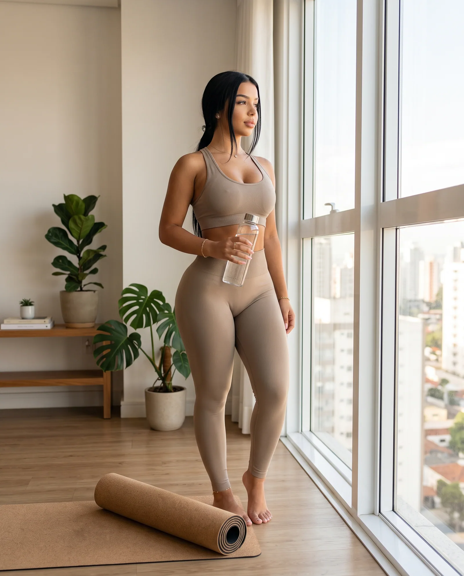 Luna standing beside a yoga mat in a bright home workout space
