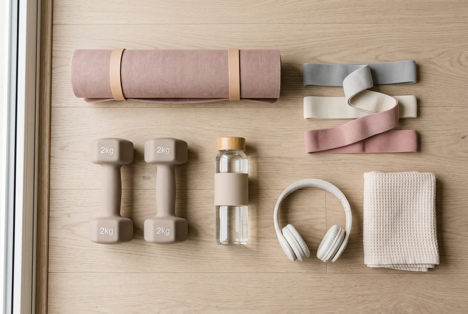 Home workout essentials including dumbbells, resistance bands, exercise mat and water bottle