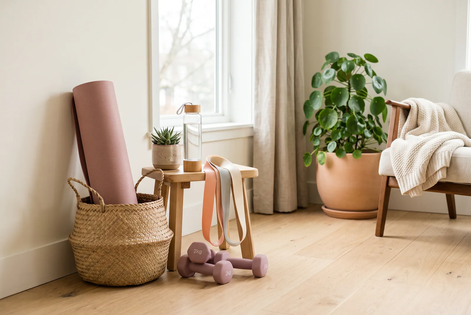 Compact home workout equipment organized in a small living space