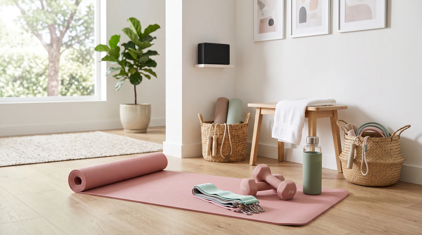 Home workout setup with exercise mat, dumbbells and resistance bands in a bright living space