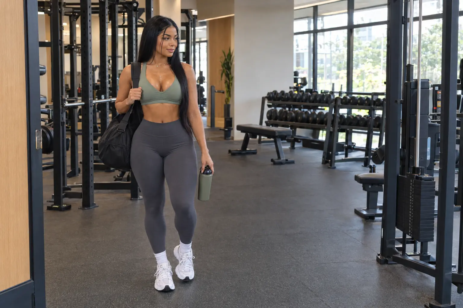 Woman arriving at a bright gym with a workout bag and water bottle