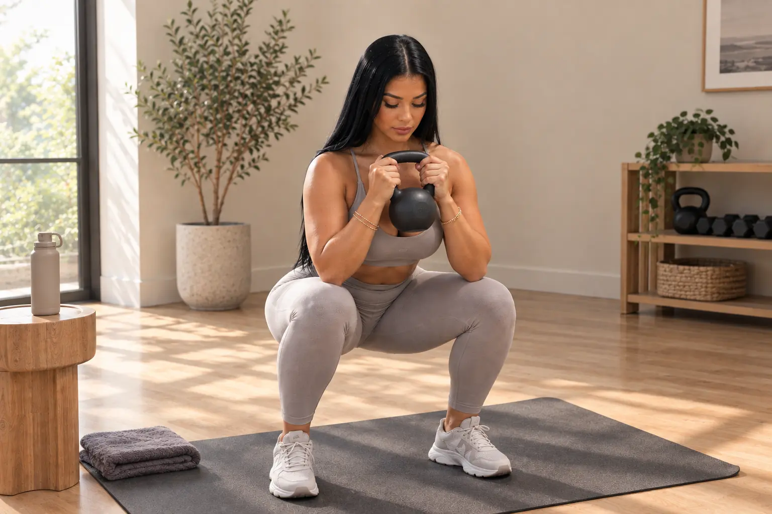 Luna performing a goblet squat while holding a kettlebell at home