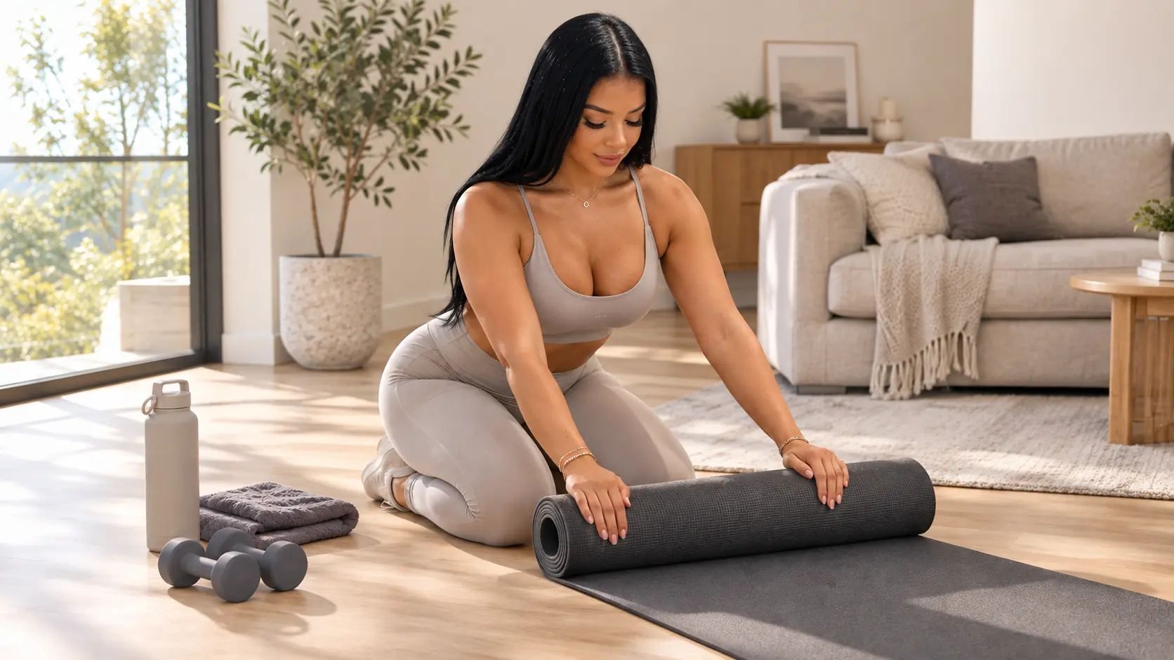 Luna preparing an exercise mat in a bright home workout space