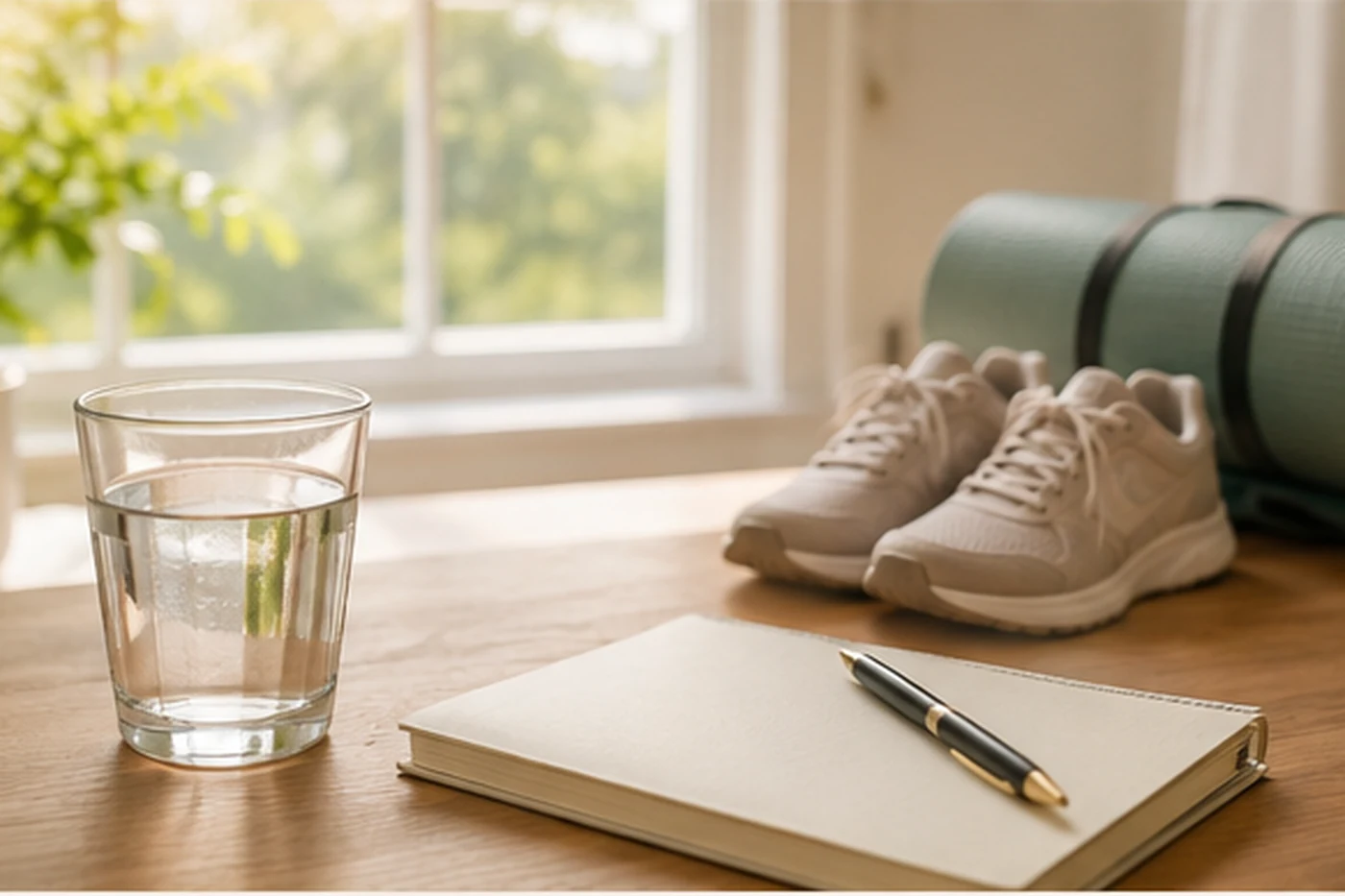 Glass of water, notebook and sneakers beside yoga mats in morning light