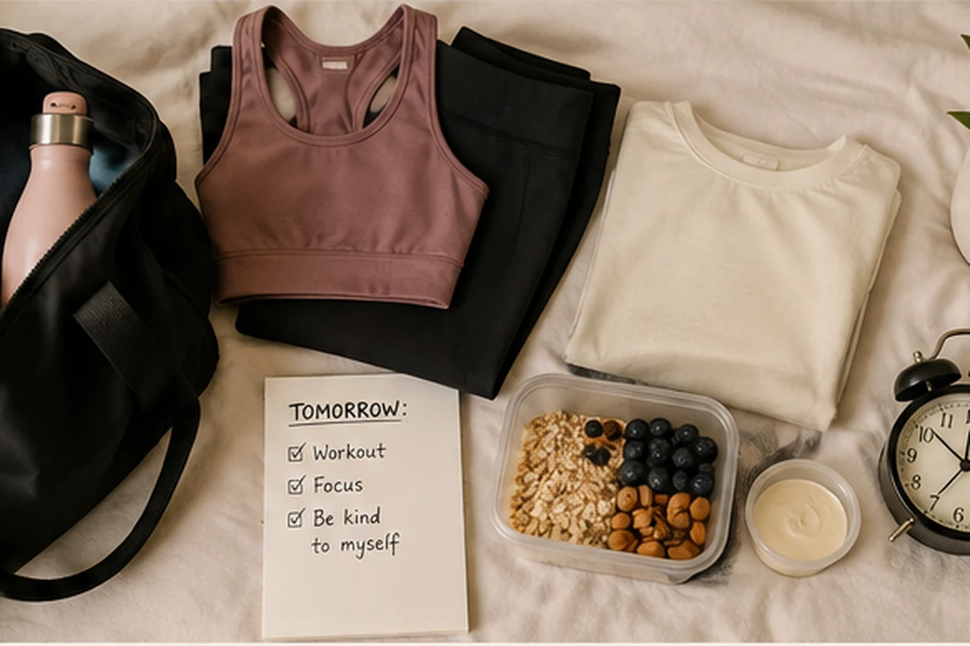 Workout clothes, breakfast and a to-do note prepared for the next morning