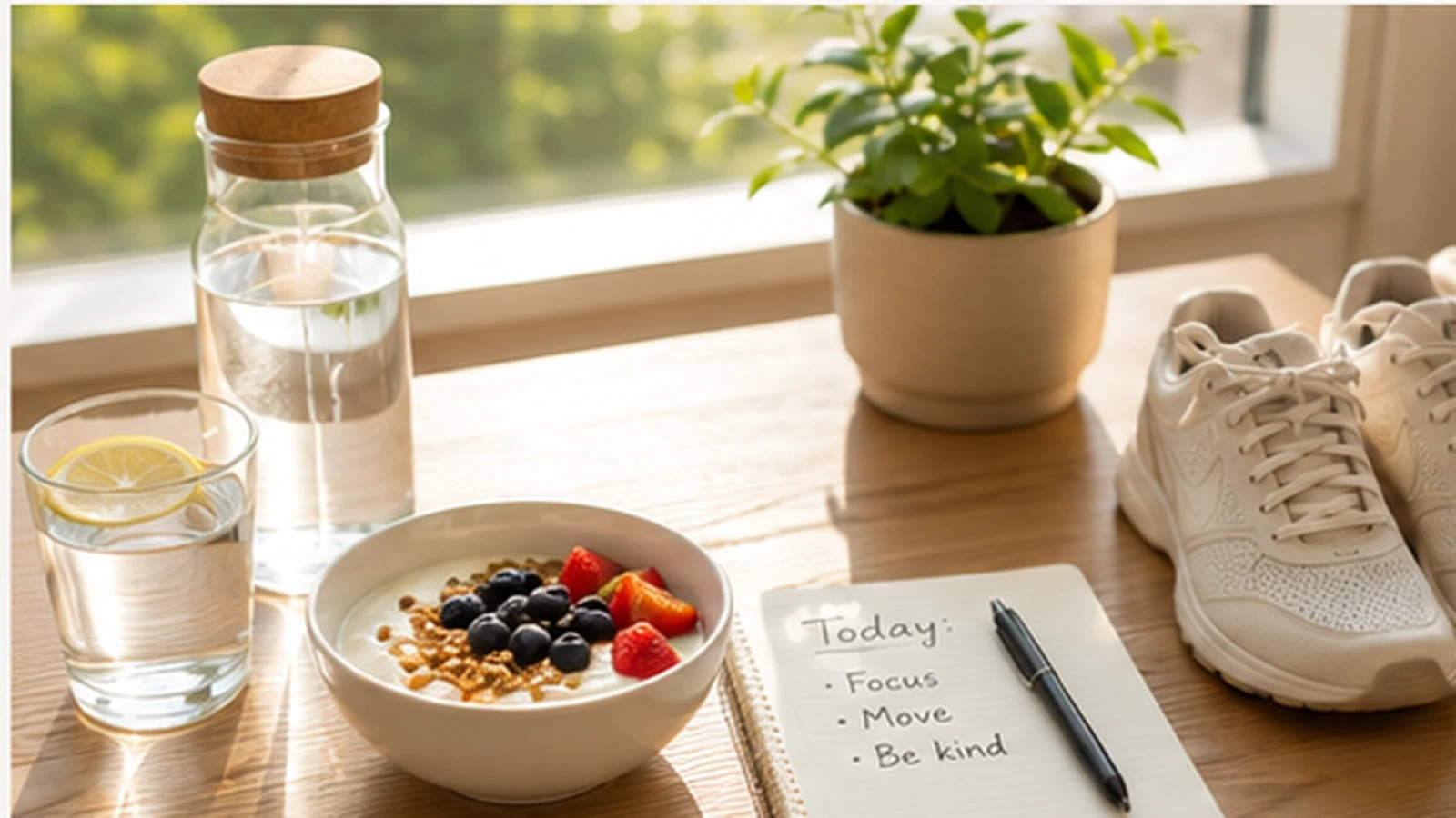 Morning routine setup with water, breakfast, a notebook and sneakers by a sunny window