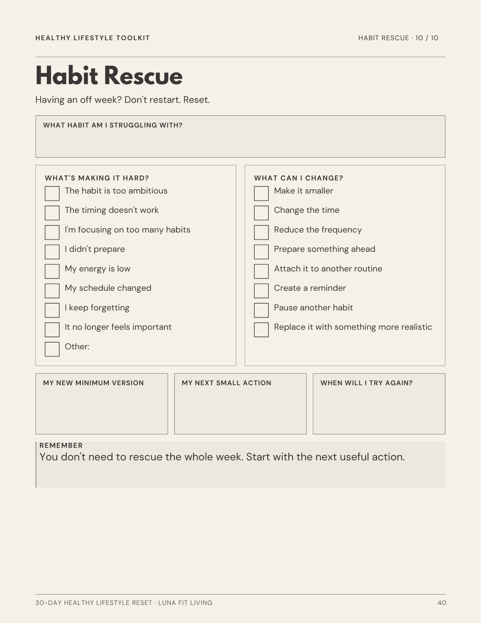 Actual Habit Rescue troubleshooting worksheet included in the Healthy Lifestyle Toolkit