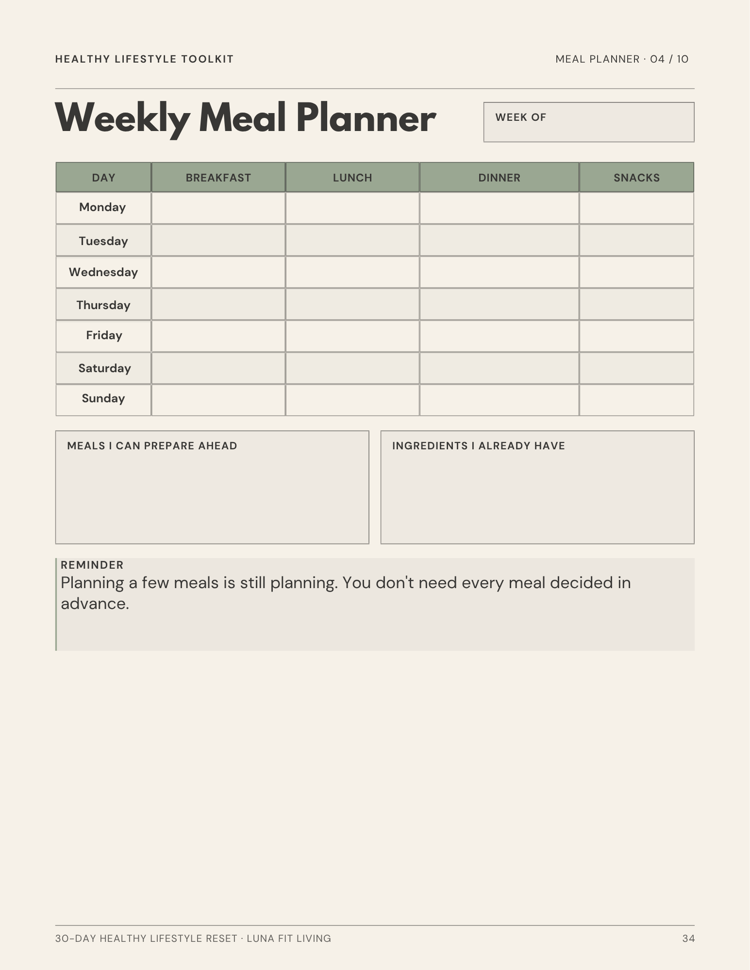 Actual Weekly Meal Planner page included in the Healthy Lifestyle Toolkit
