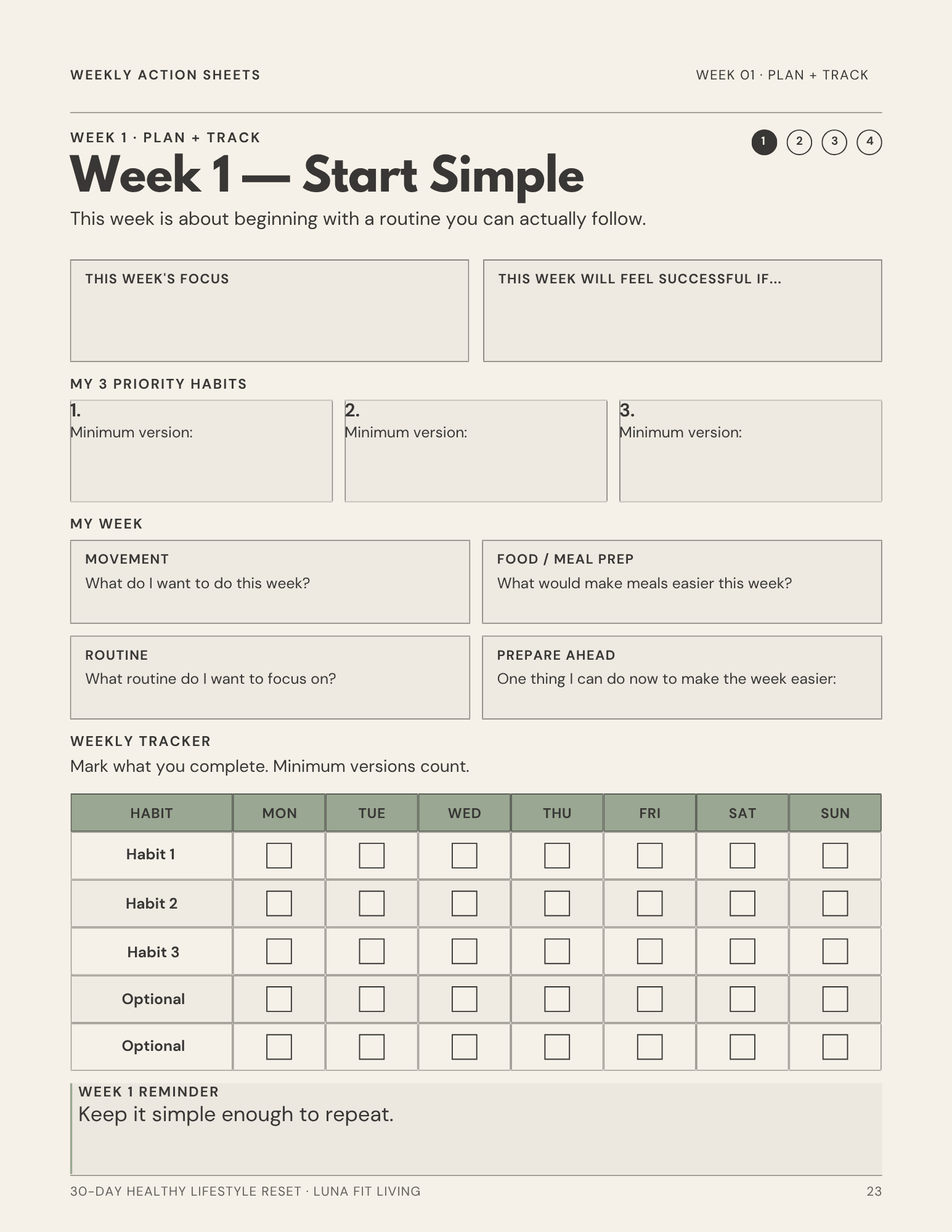 Actual Week 1 Start Simple weekly action sheet included in the Reset