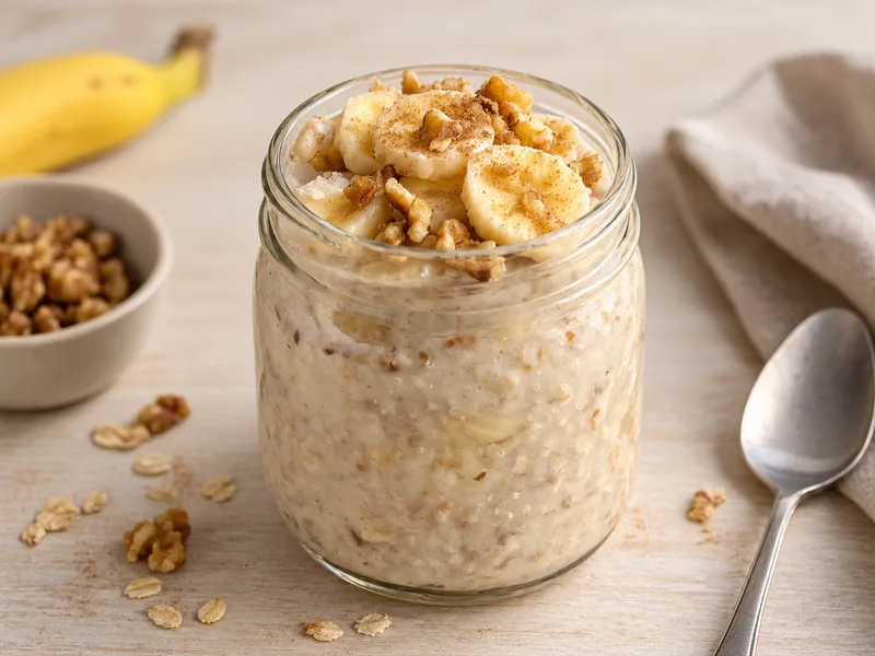 Banana overnight oats in a jar topped with banana slices and nut butter