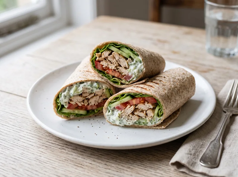 Chicken and tzatziki wraps with fresh vegetables on a plate