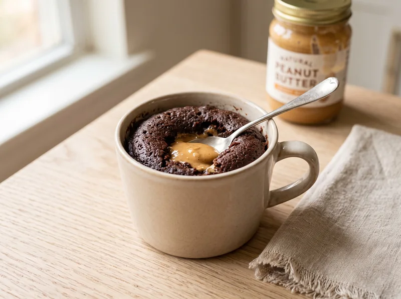 Chocolate mug cake with peanut butter in a ceramic mug