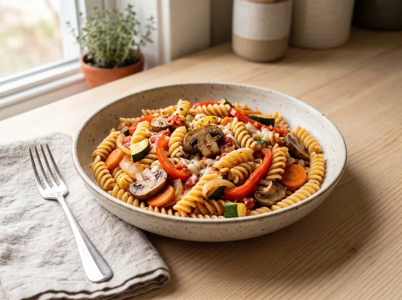 One-pot vegetable pasta with tomato sauce and herbs