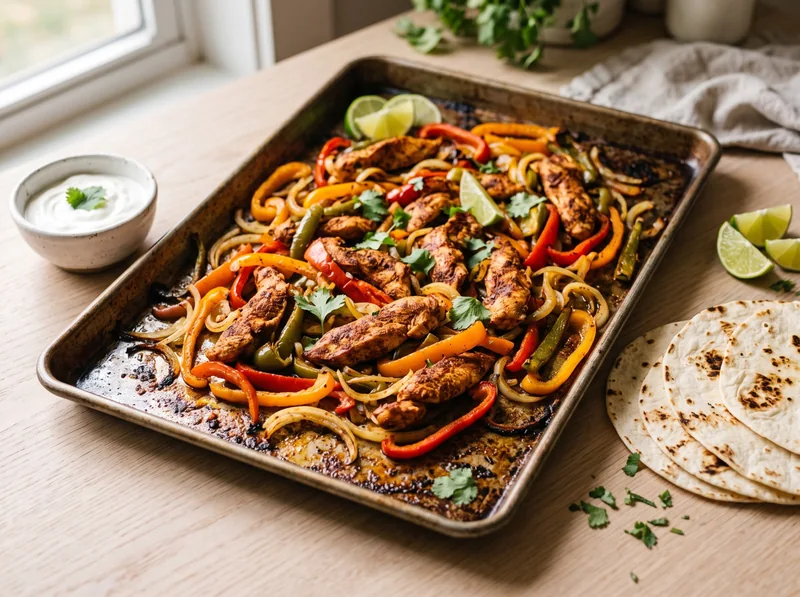 Sheet pan chicken fajitas with peppers, onions, lime, and tortillas