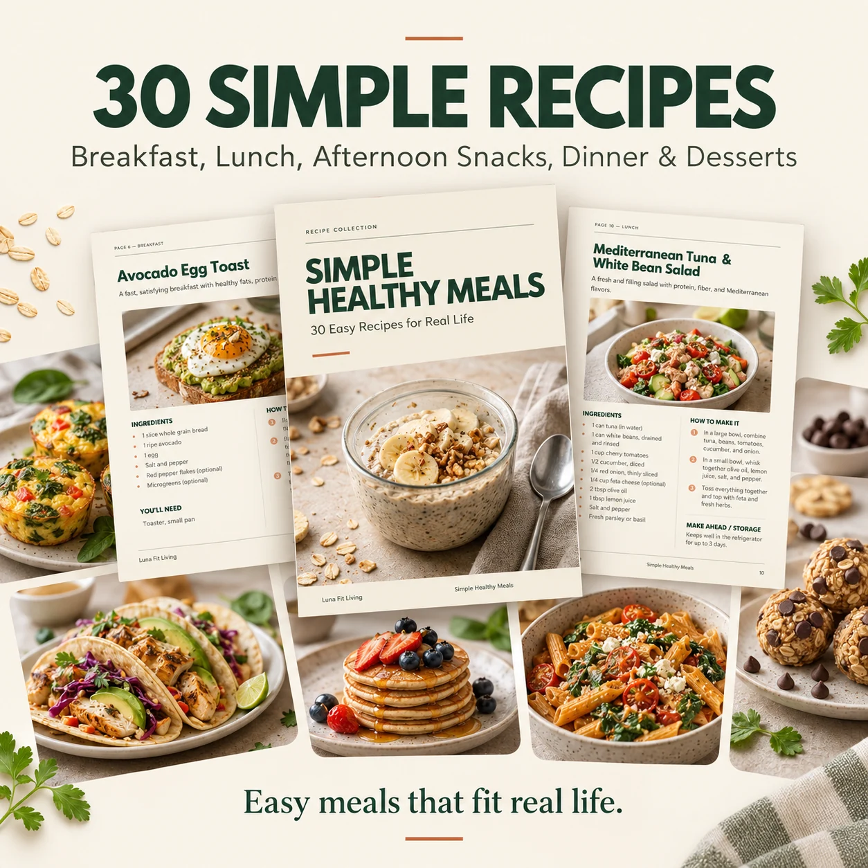 Preview of the Recipe Collection with recipe pages and photographs across the five meal categories