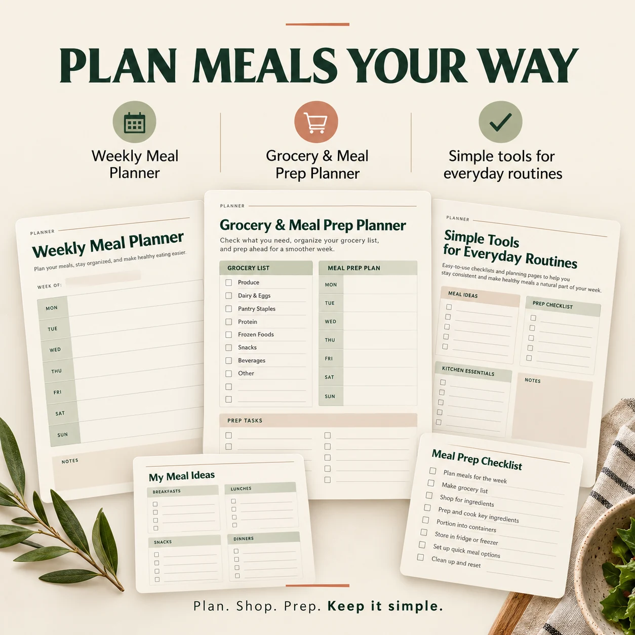 Weekly Meal Planner, grocery list, kitchen check, and simple meal prep planning pages