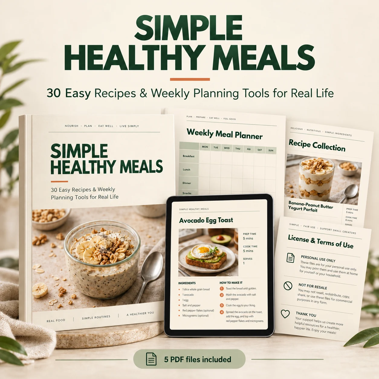 Simple Healthy Meals recipe collection, weekly planner, grocery and meal prep tools displayed as a digital and printable bundle