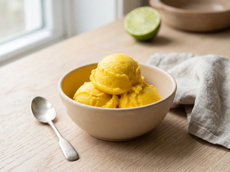 Scoops of mango sorbet in a bowl beside a lime